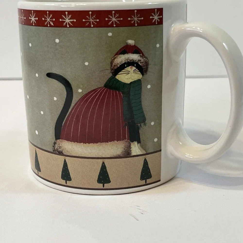 Oneida Holiday Cats Coffee Cup Mug Christmas Fiddlestix Red Sweater Trees Snow